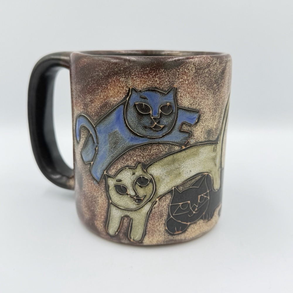 Mara Stoneware Pottery Mexico Cats Large Coffee Mug Cup Blue Signed 16oz - 4.5"H